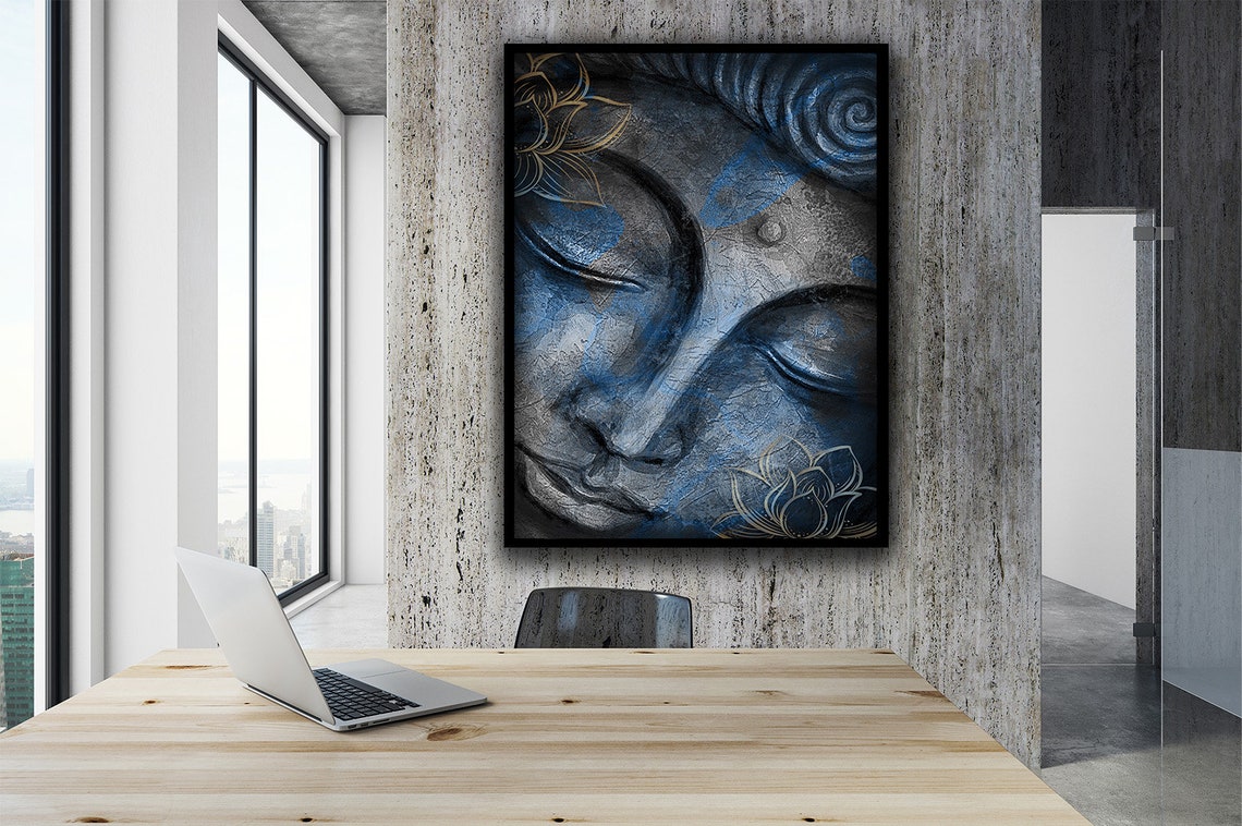 Serene Buddha Face Blue Stone Texture Gold Lotus Zen Meditation Poster - Image 2