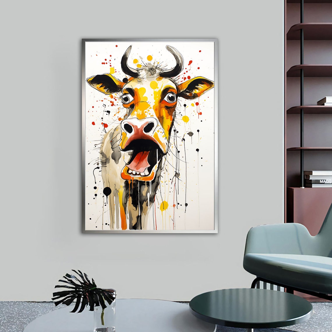 Laughing Cow Face Funny Open Mouth Watercolor Splatter Art Poster - Image 4