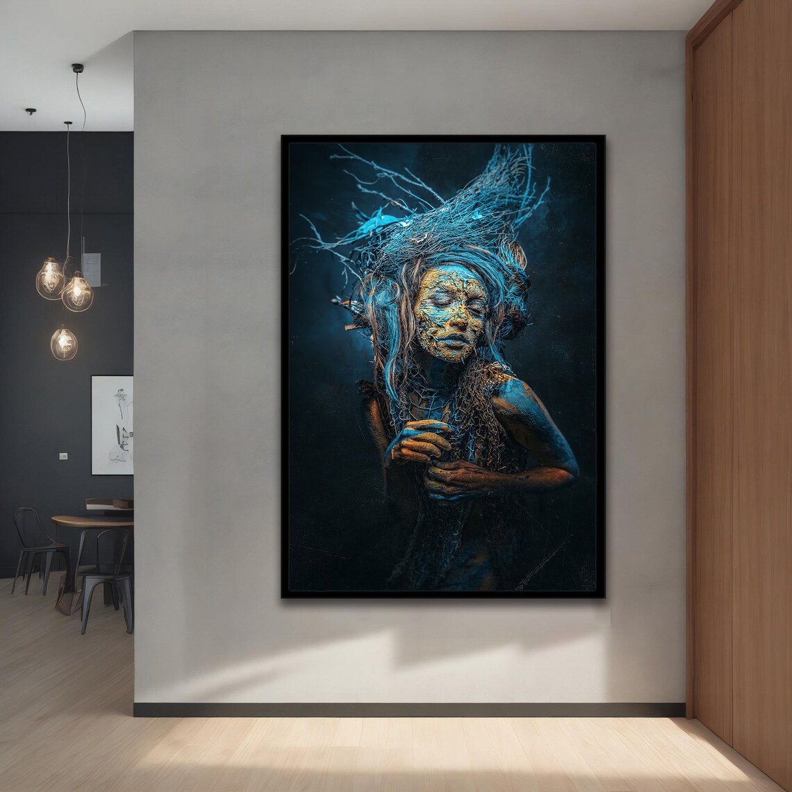 Surreal Blue Woman Wild Hair Golden Face Dreamlike Ethereal Wall Art Poster