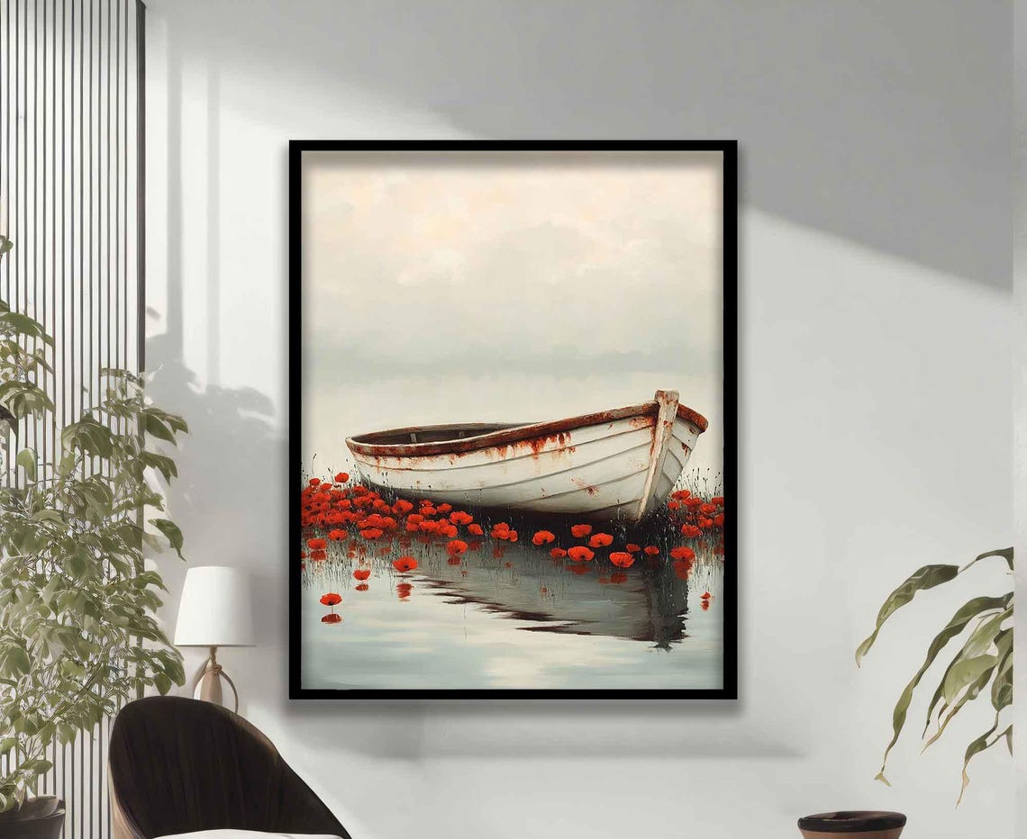 Weathered White Rowboat Among Red Poppies Seascape Painting Poster - Image 3
