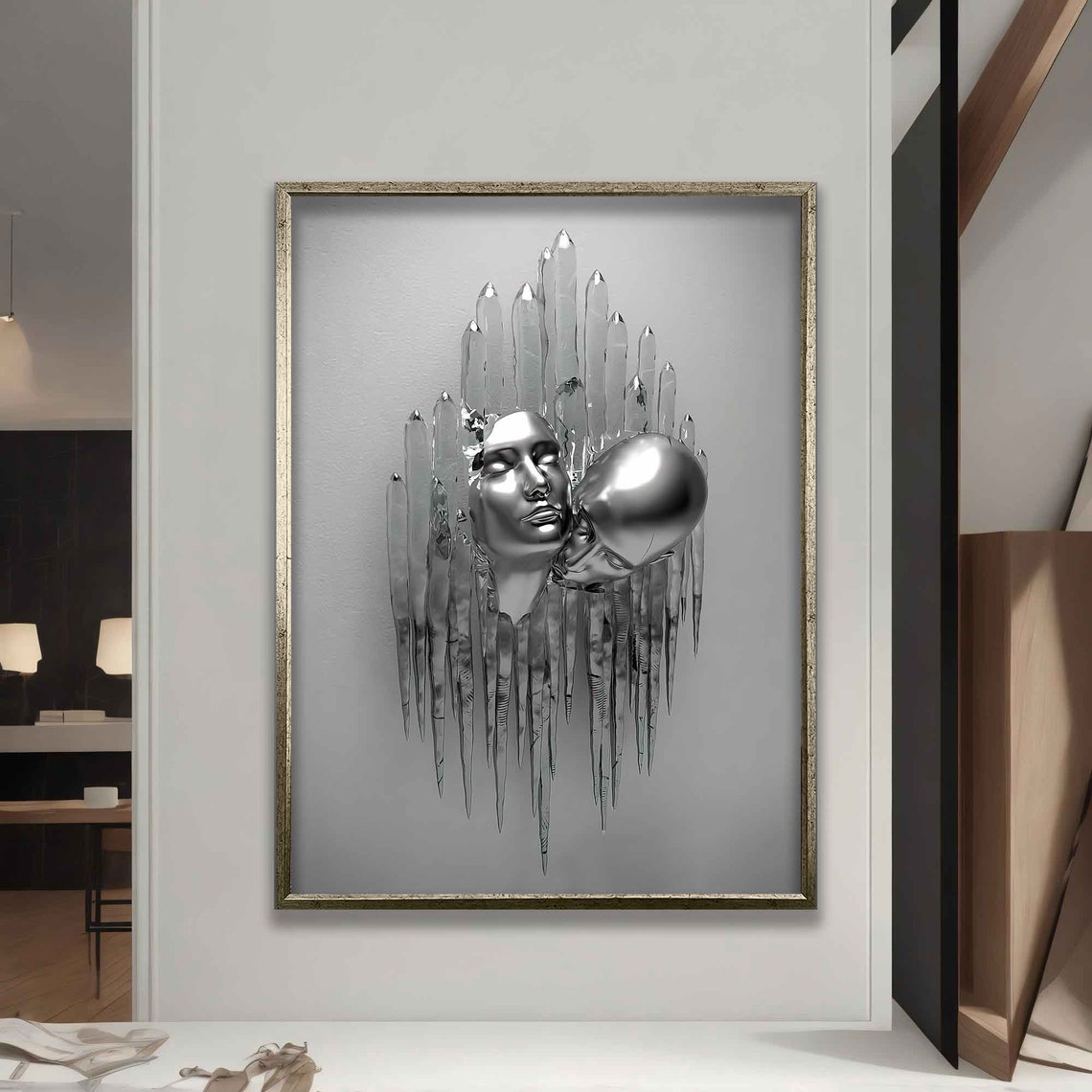 Silver Kissing Heads Melting Ice Crystal Surreal Sculpture Art Poster