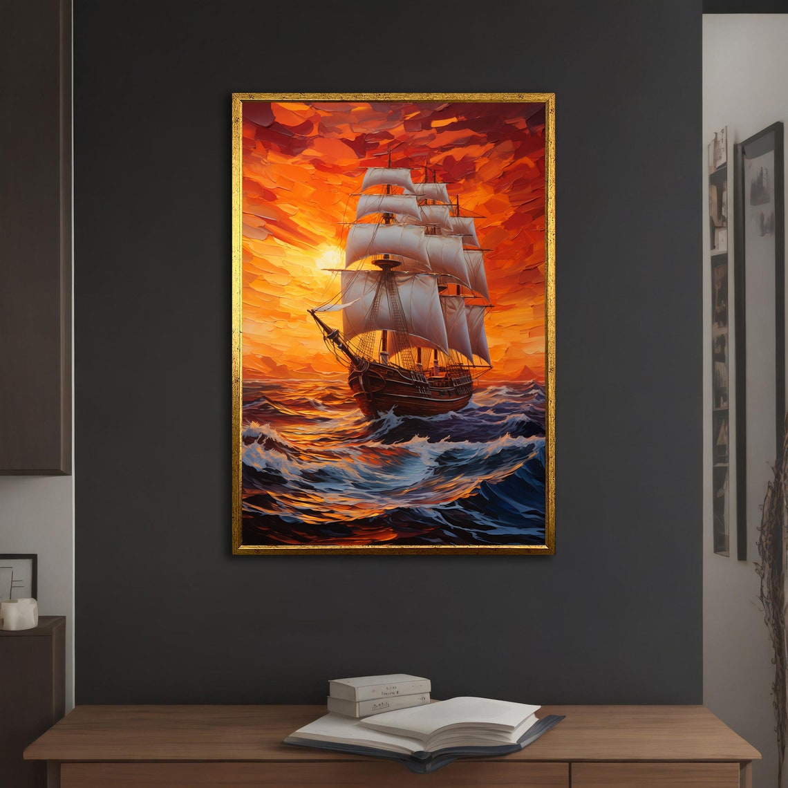 Tall Ship Fiery Red Orange Sunset Crashing Waves Ocean Art Poster - Image 3