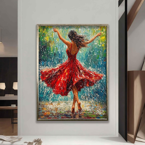 Woman Dancing Under the Rain, Oil Painting Art Print