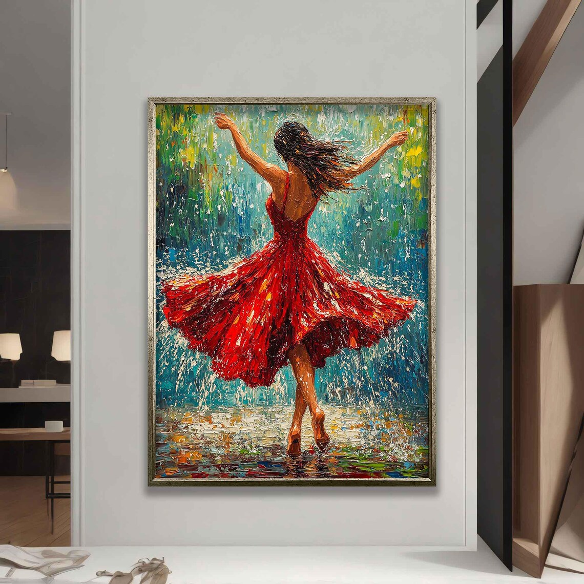 Woman Dancing Under the Rain, Oil Painting Art Print