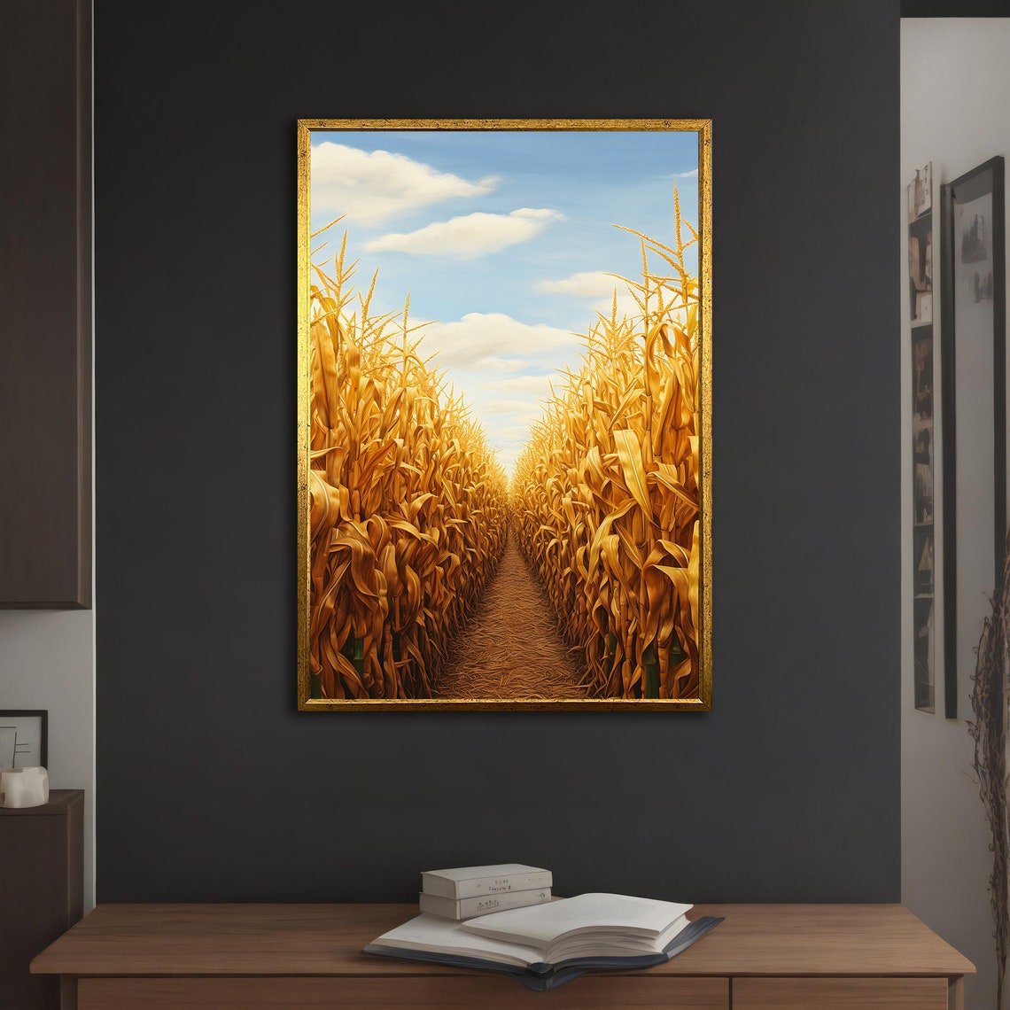 Golden Cornfield Path Bright Blue Sky Country Field Harvest Poster - Image 2