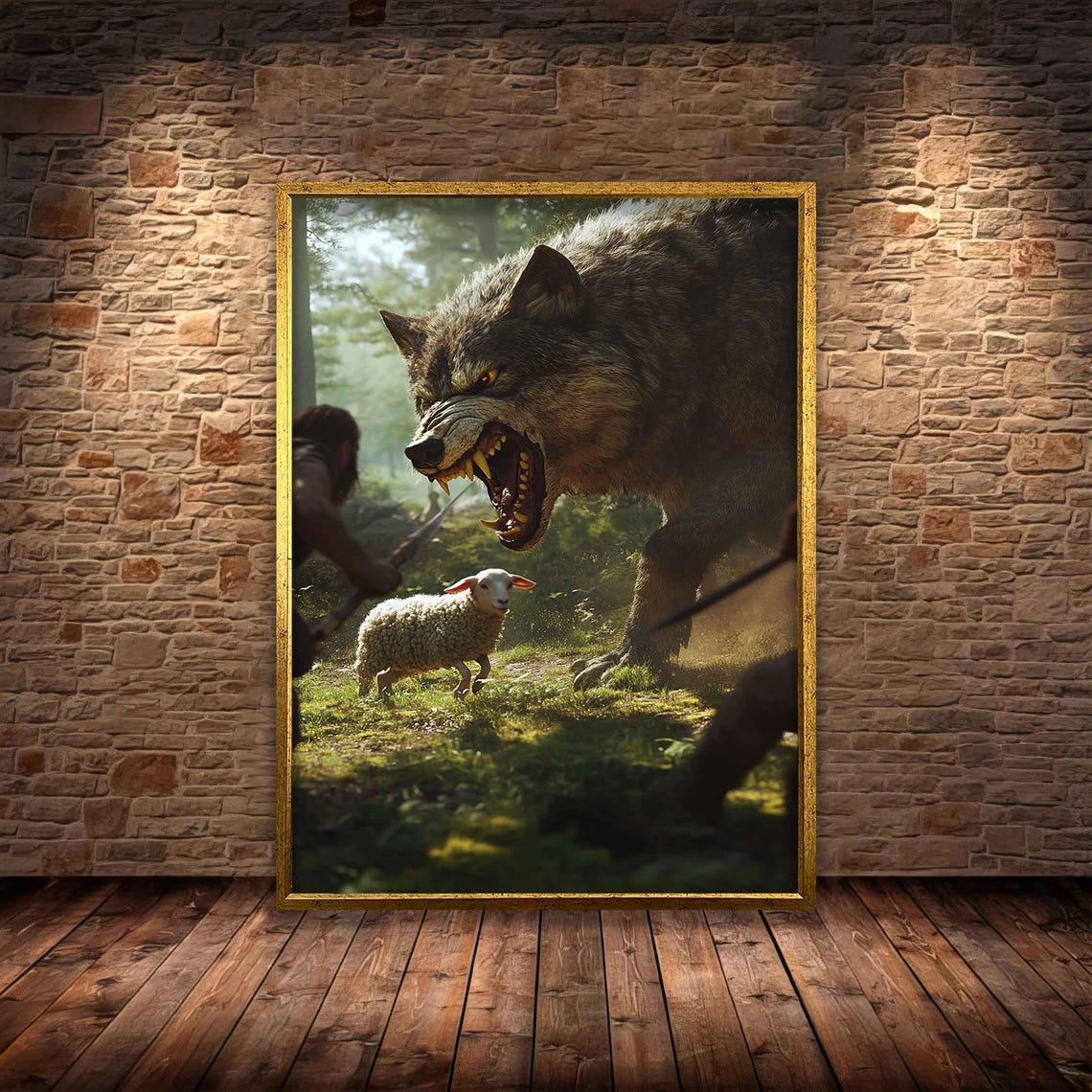 Jesus Rushing To Save Lamb From Snarling Wolf Green Forest Poster - Image 4