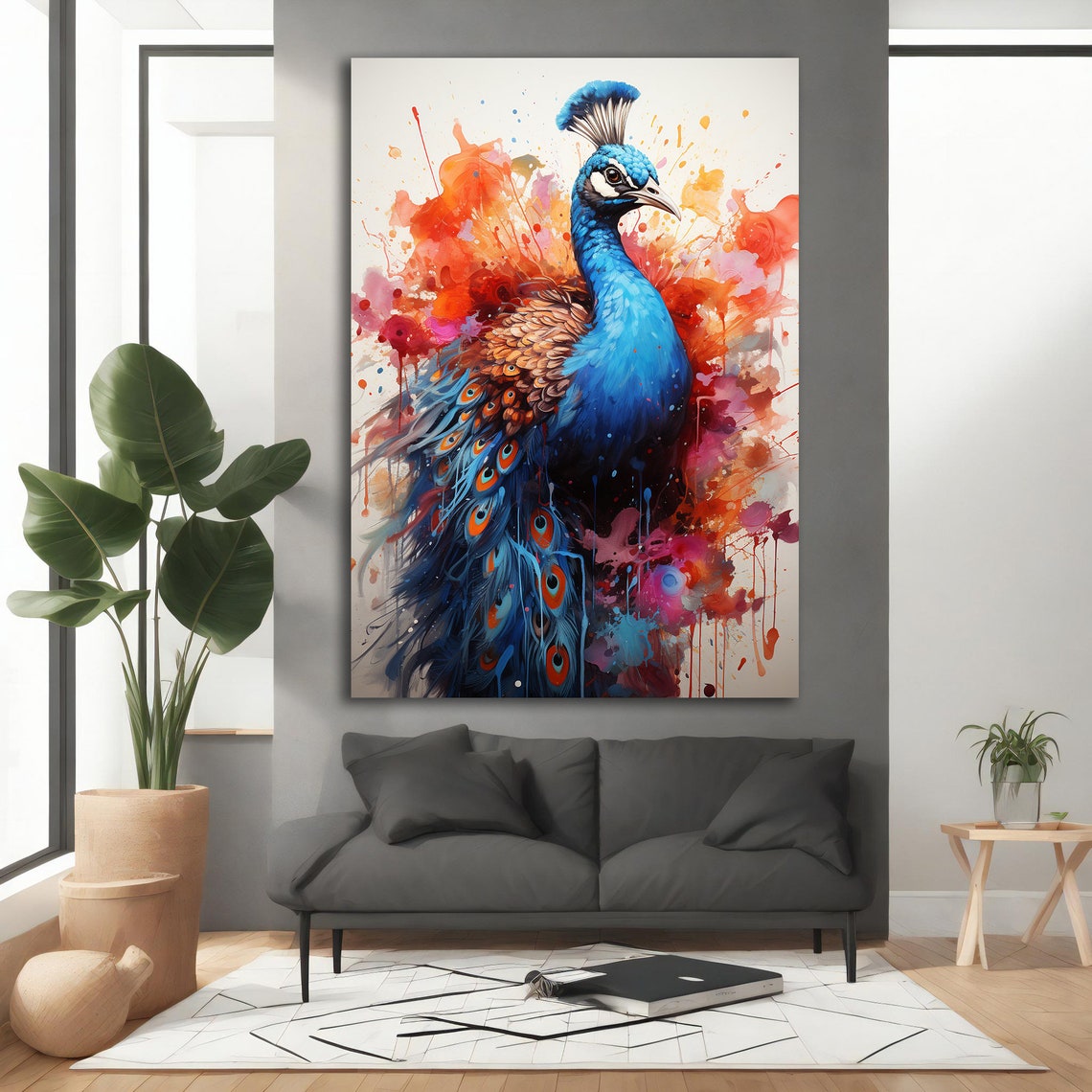 Blue Peacock Watercolor Fiery Orange Red Abstract Splash Poster - Image 3