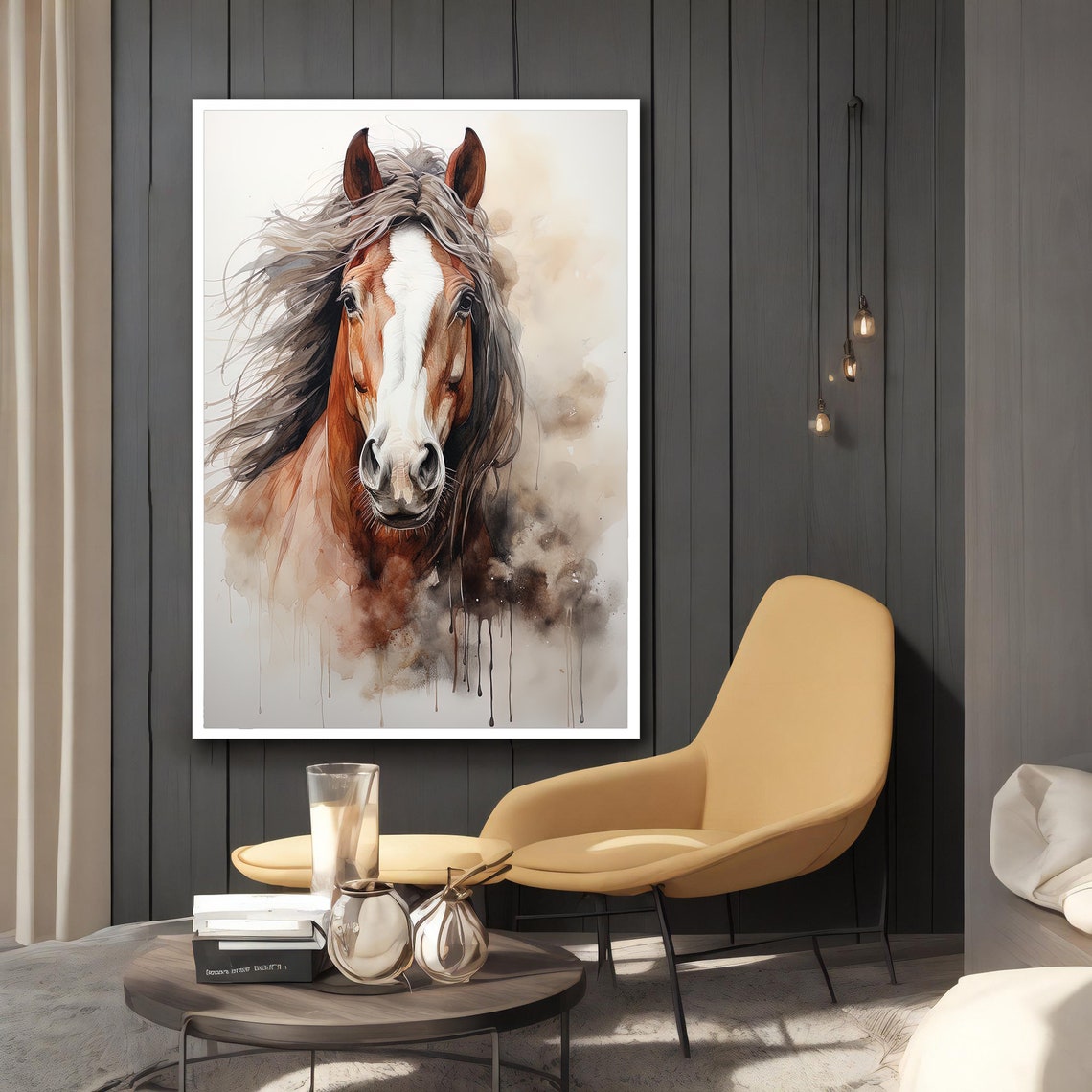 Chestnut Horse Head Watercolor Flowing Mane Elegant Wall Art - Image 2