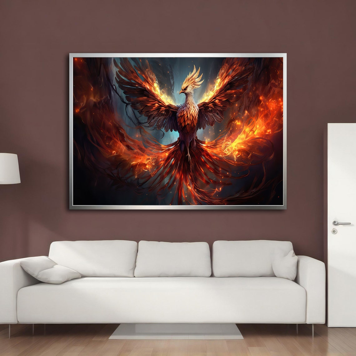 Fiery Phoenix Rising Bold Flame Wings Dark Sky Fantasy Art Poster - Image 3