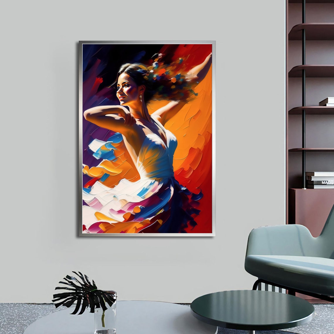 Flamenco Dancer Flowing White Dress Fiery Orange Abstract Art Poster - Image 3