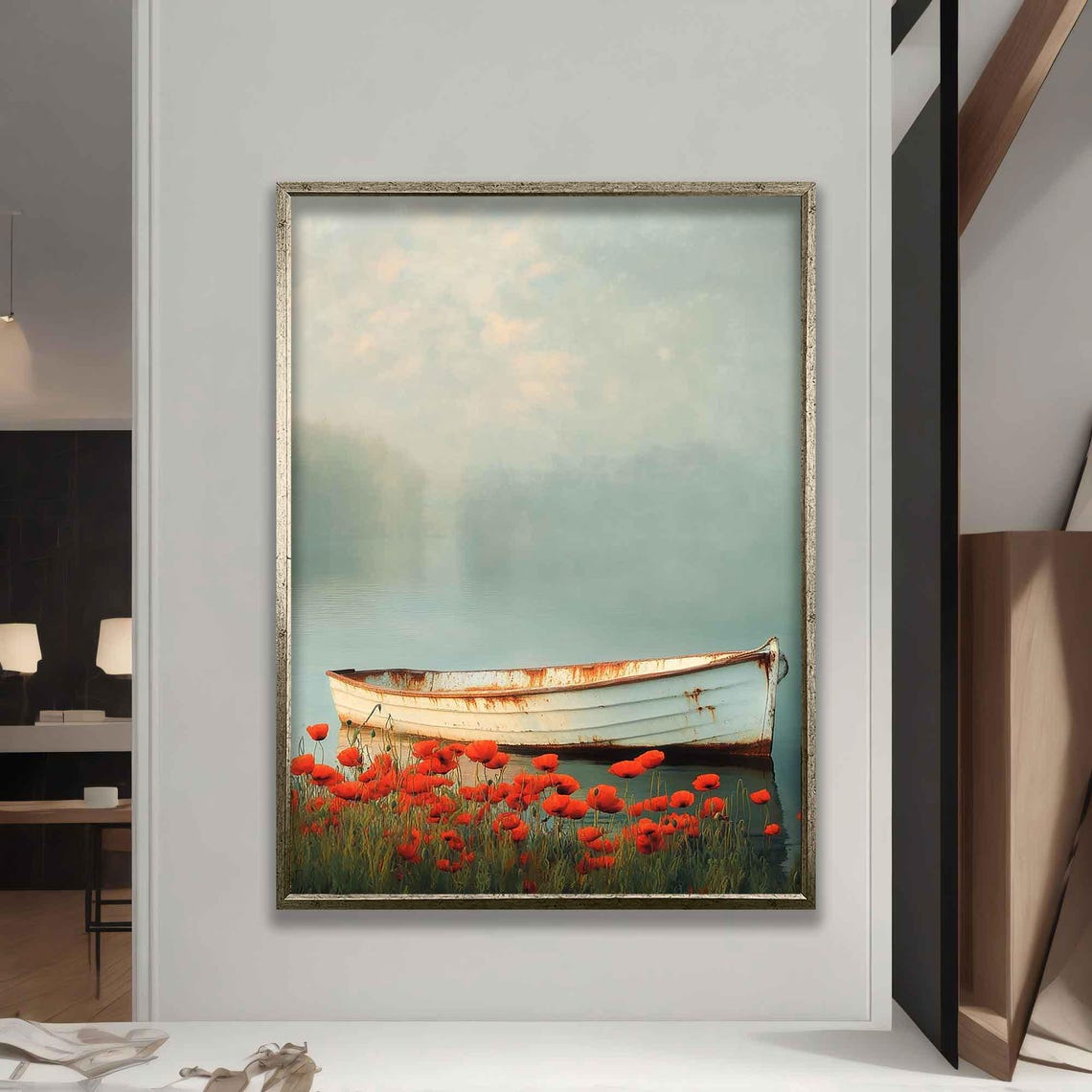 Misty Teal Waters White Rowboat Red Poppies Floral Seascape Poster - Image 5