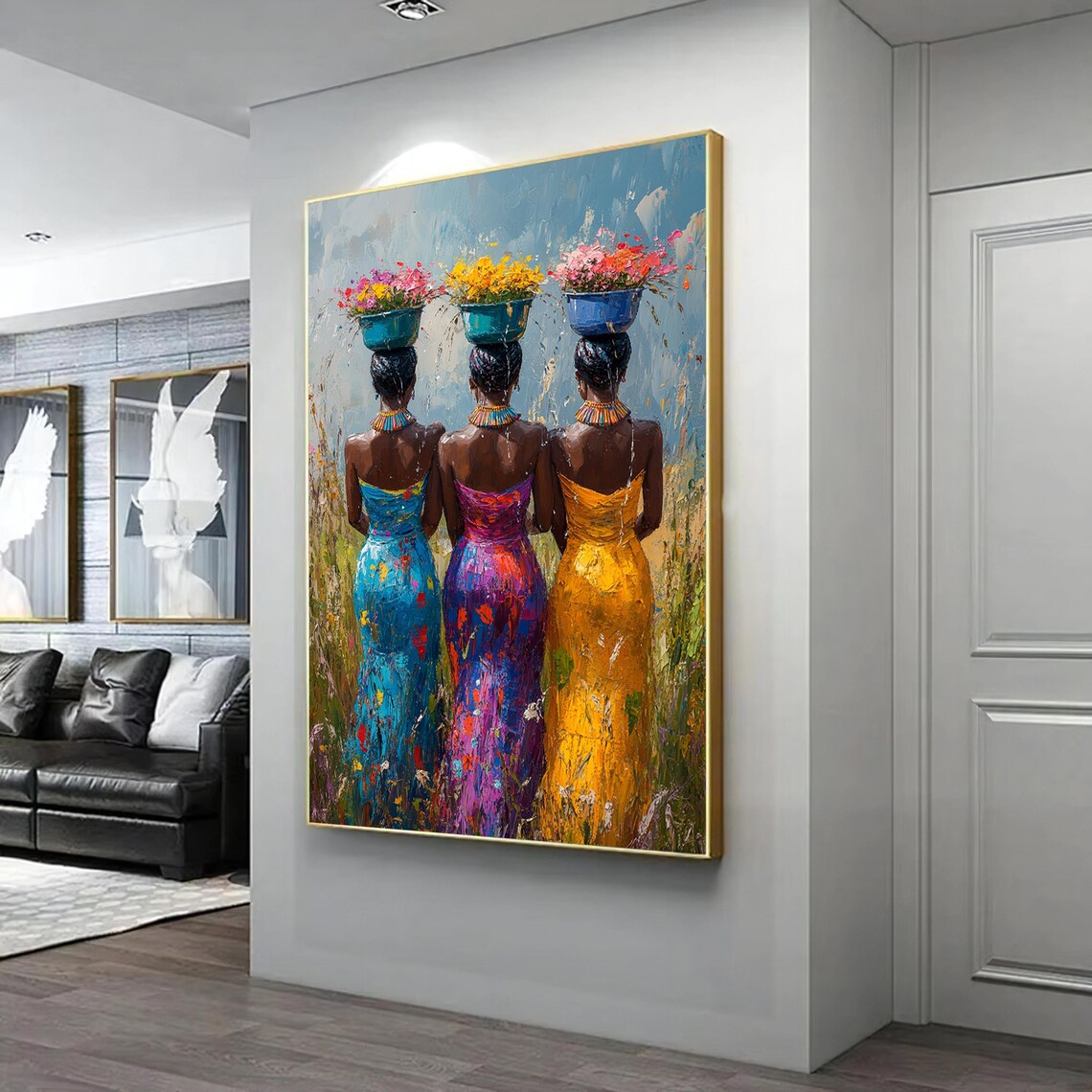 African Women Basket Wall Art Set Vibrant Tribal Artwork Multicolor Modern Home Decor Afrocentric Wall Panels Ethnic Art