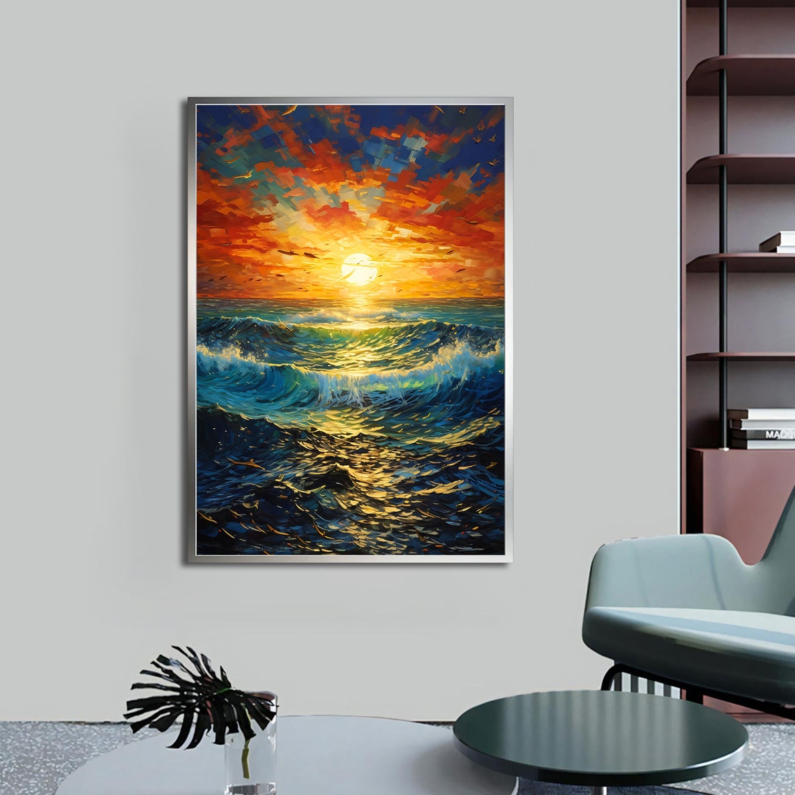 Ocean Sunset Golden Sun Rolling Waves Seascape Oil Painting Poster - Image 4