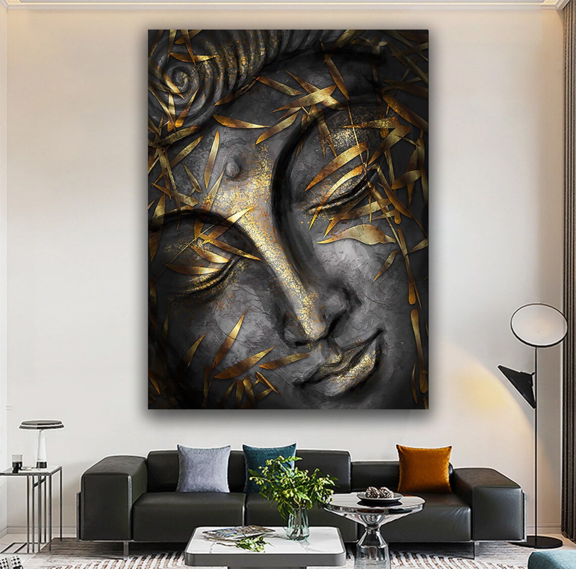 Black Gold Leaf Buddha Face Serene Spiritual Calm Decor Wall Art Poster - Image 4