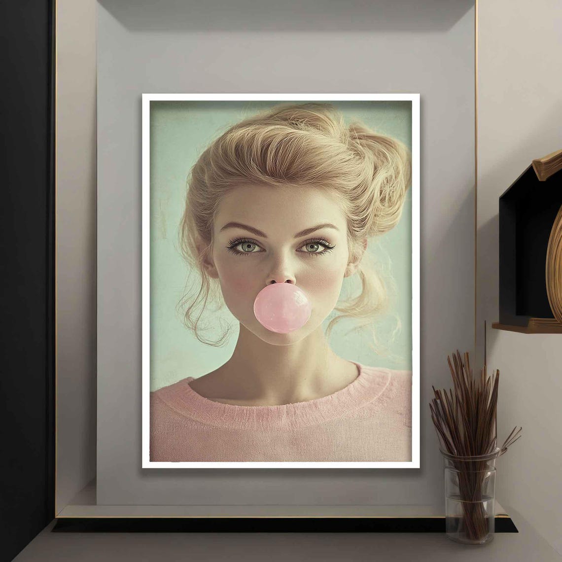 Blonde Woman Blowing Pink Bubble Gum Retro Pop Art Portrait Poster