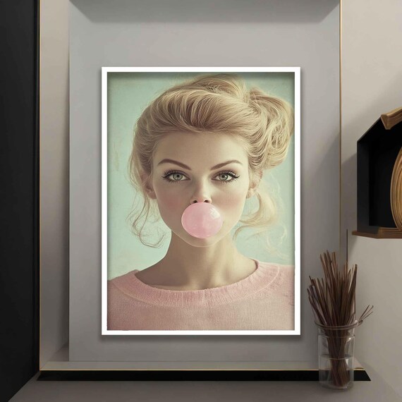 Blonde Woman Blowing Pink Bubble Gum Retro Pop Art Portrait Poster