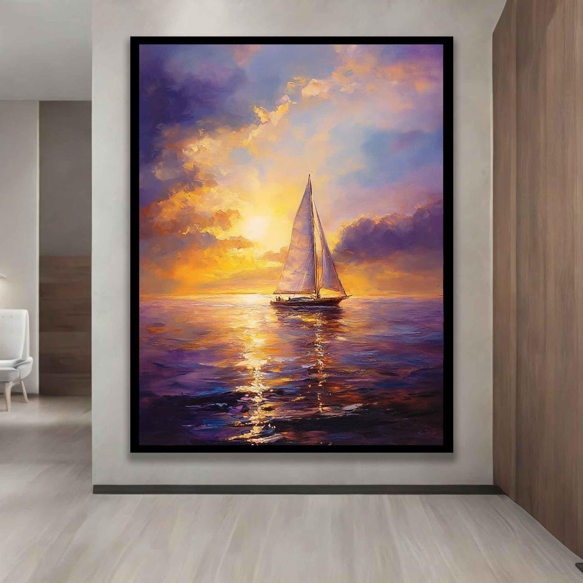 Lone Sailboat Sunset Purple Orange Clouds Golden Reflection Poster - Image 3
