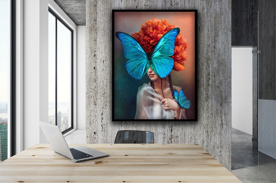Surreal Woman Blue Butterfly Mask Orange Blossom Dream Portrait Poster - Image 2