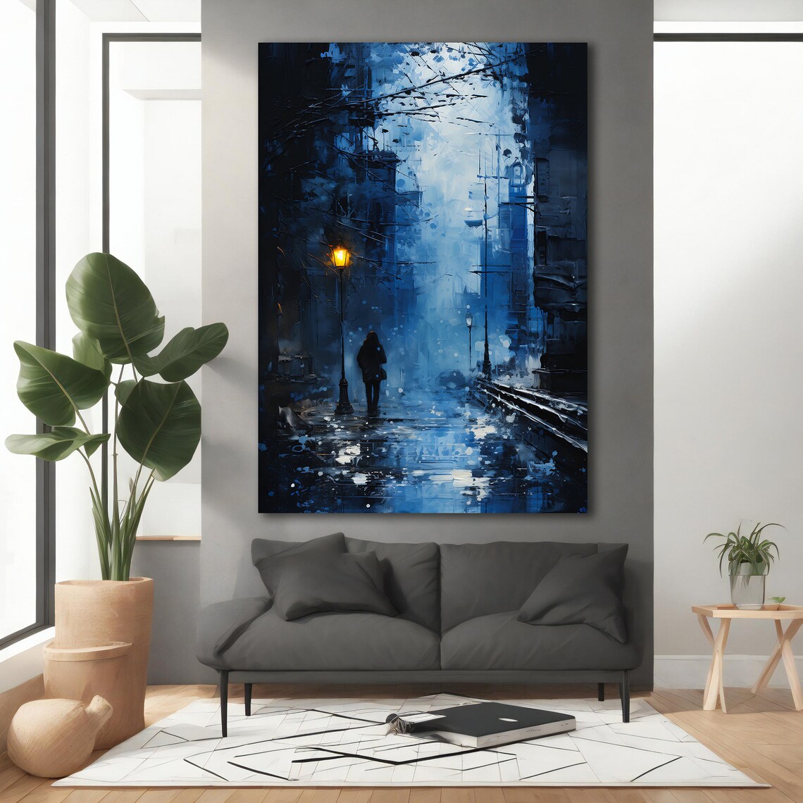 Blue Rainy City Street Night Umbrella Figure Lamp Glow Oil Art Poster - Image 4
