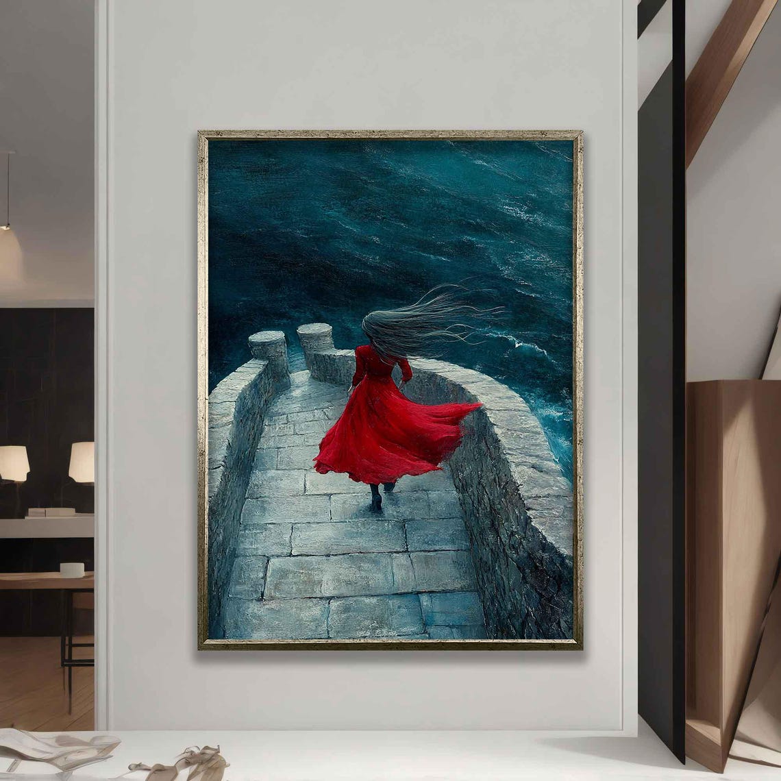 Woman Red Dress Curved Stone Pier Night Ocean Windblown Hair Poster