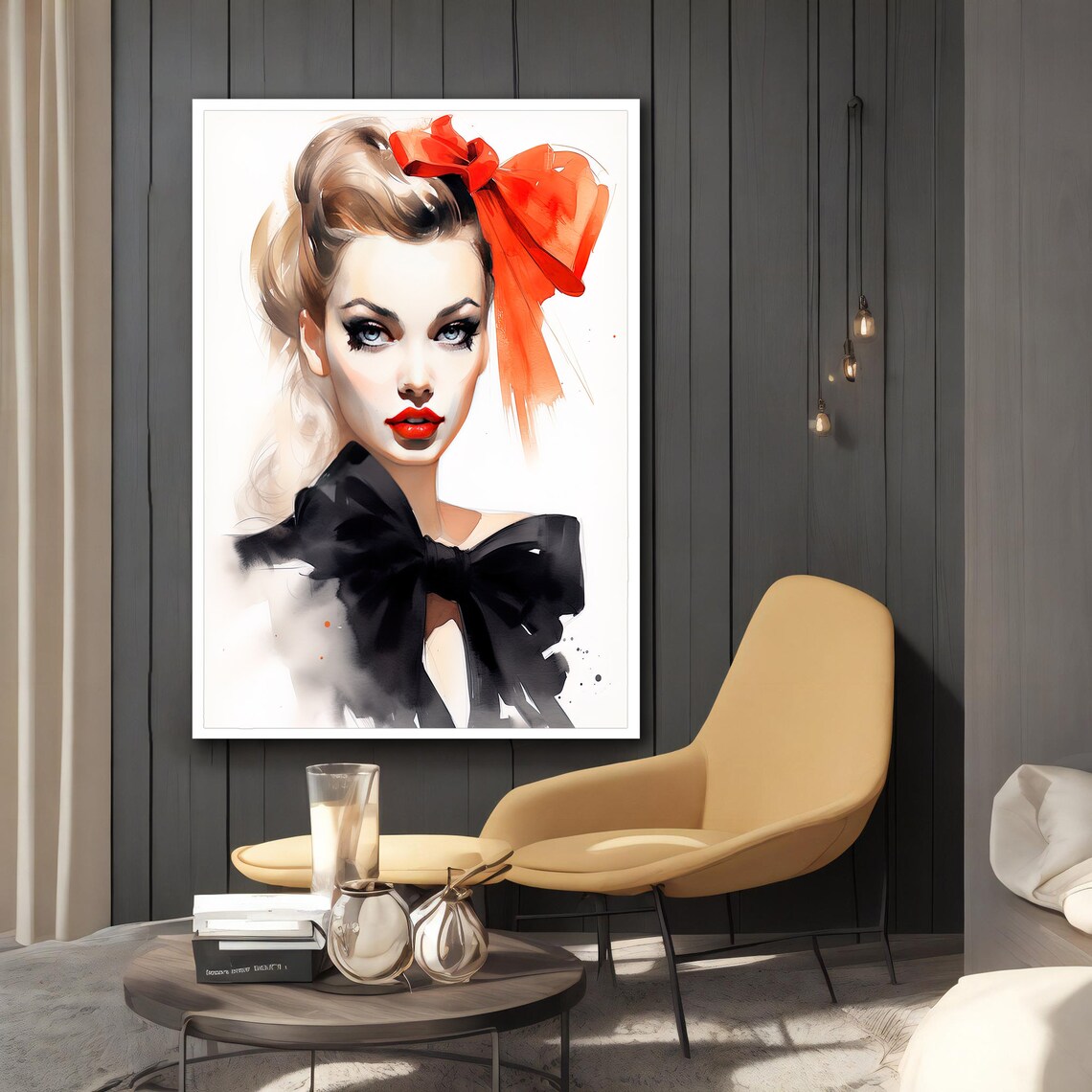 Woman with Red Bow Watercolor Portrait Elegant Fashion Art Poster - Image 4
