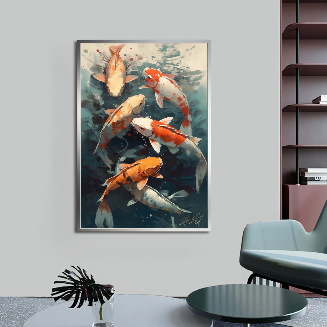 Orange White Koi Fish Swimming Pond Japanese Watercolor Art Poster - Image 4