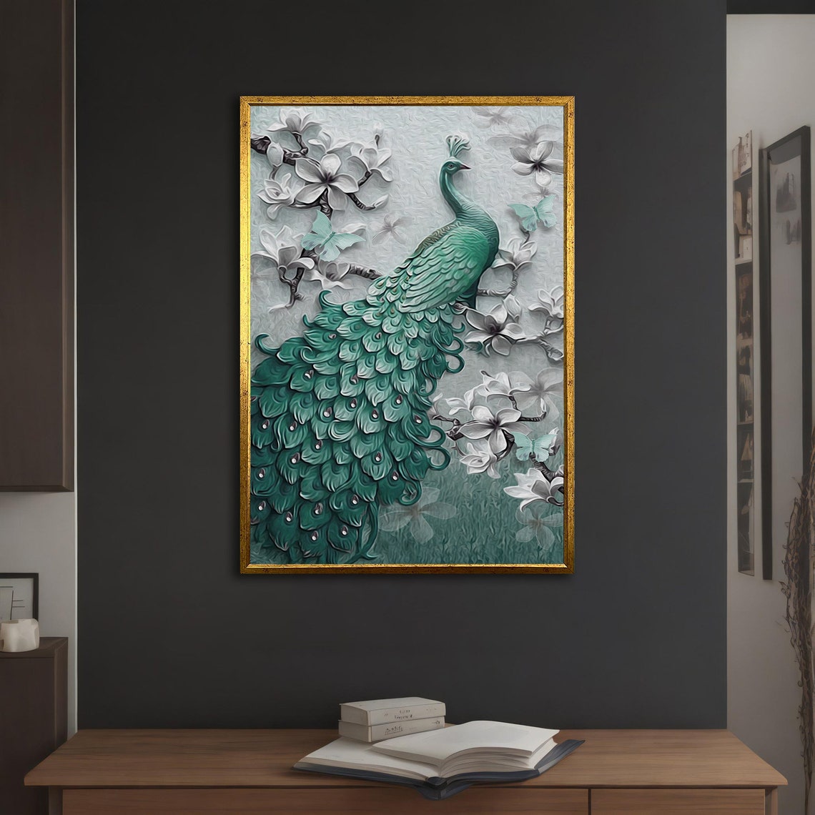Green Peacock Among White Blossoms Butterflies Elegant Poster - Image 3