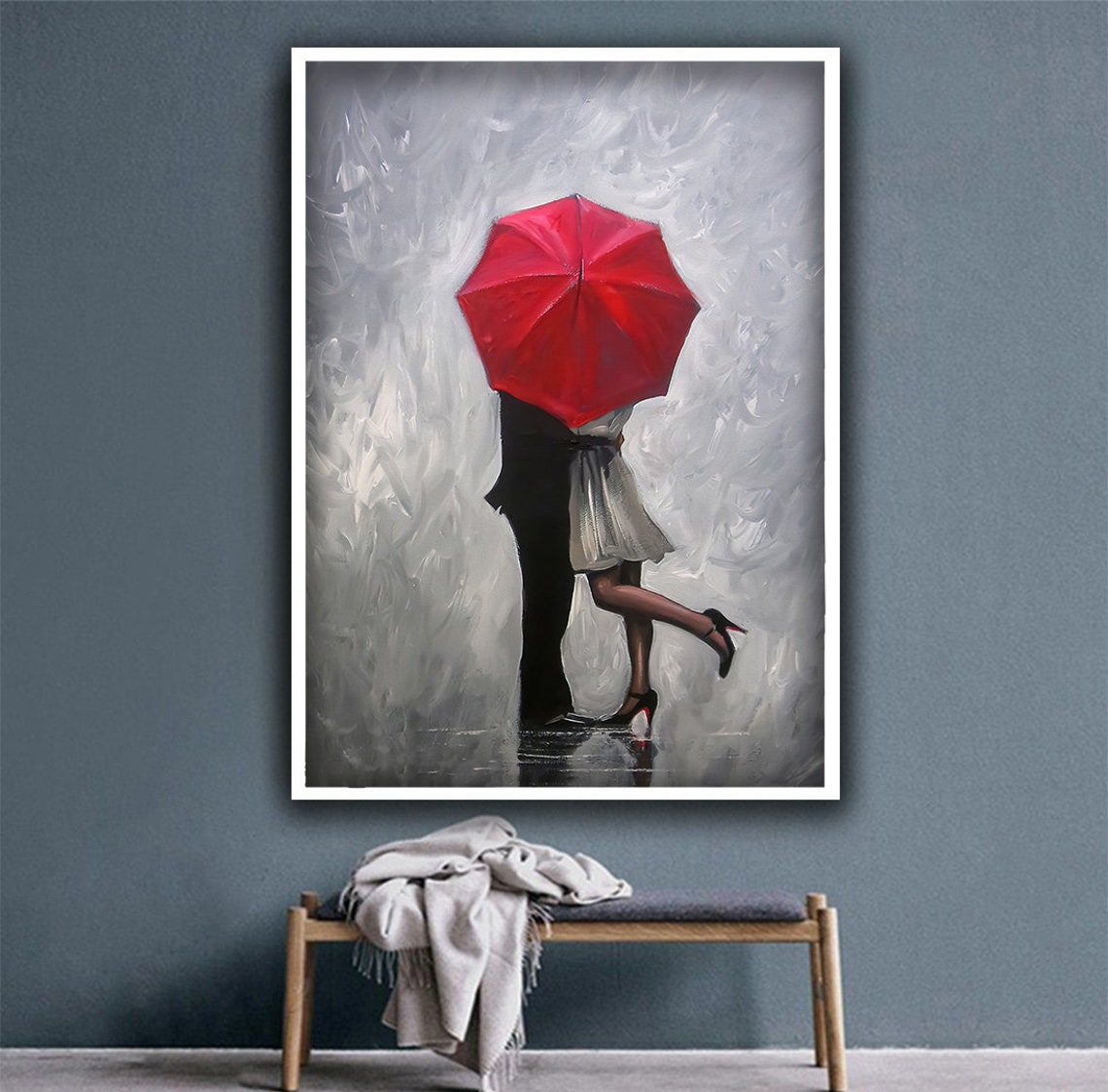 Couple Kissing Under Red Umbrella Romantic Rain Embrace Art Poster - Image 4