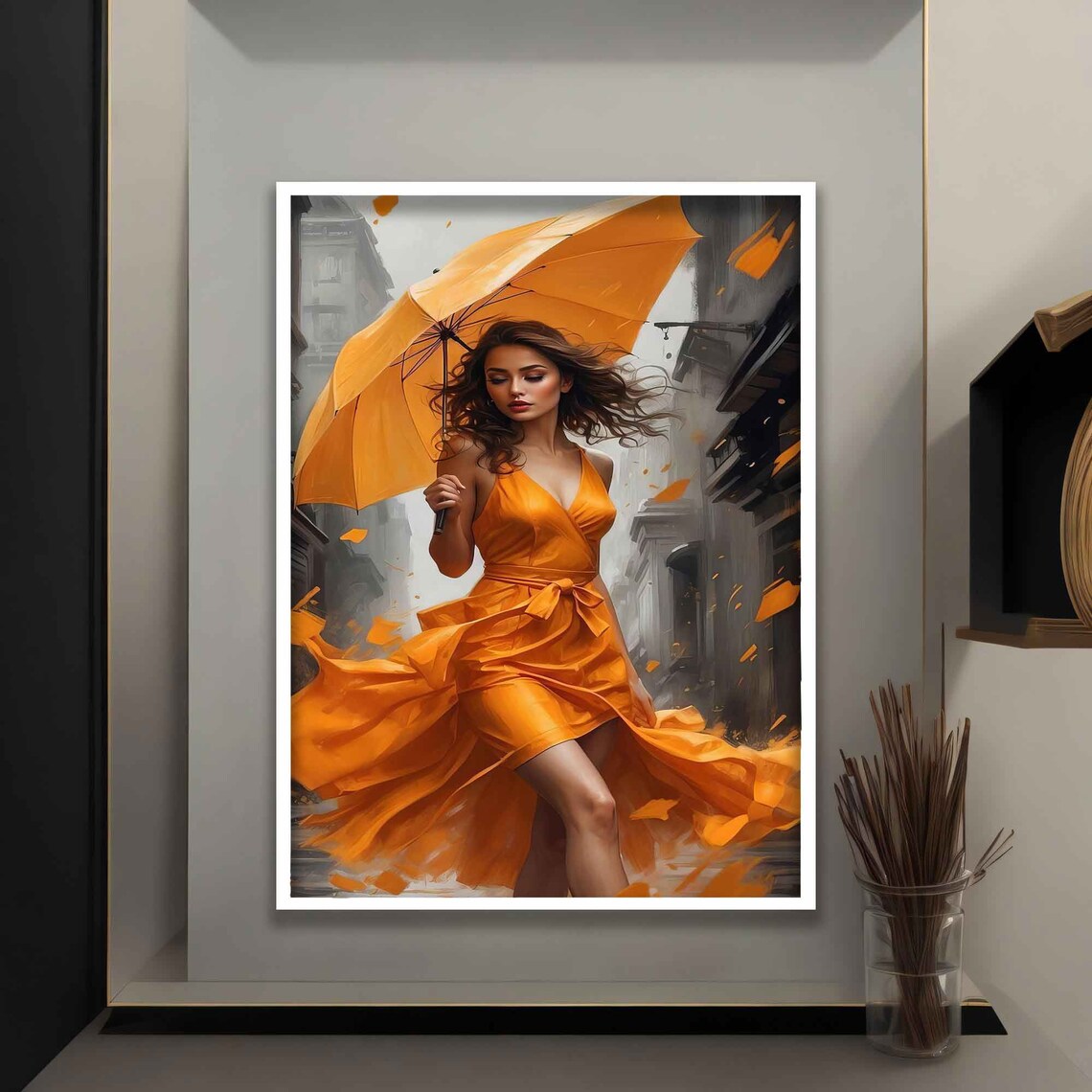 Woman with Orange Umbrella in City Street Vivid Art Wall Poster - Image 3