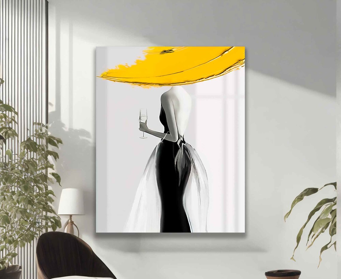Silhouette Of Woman In Yellow Hat Painting Woman Drawing Art Woman In Hat Print - Image 2