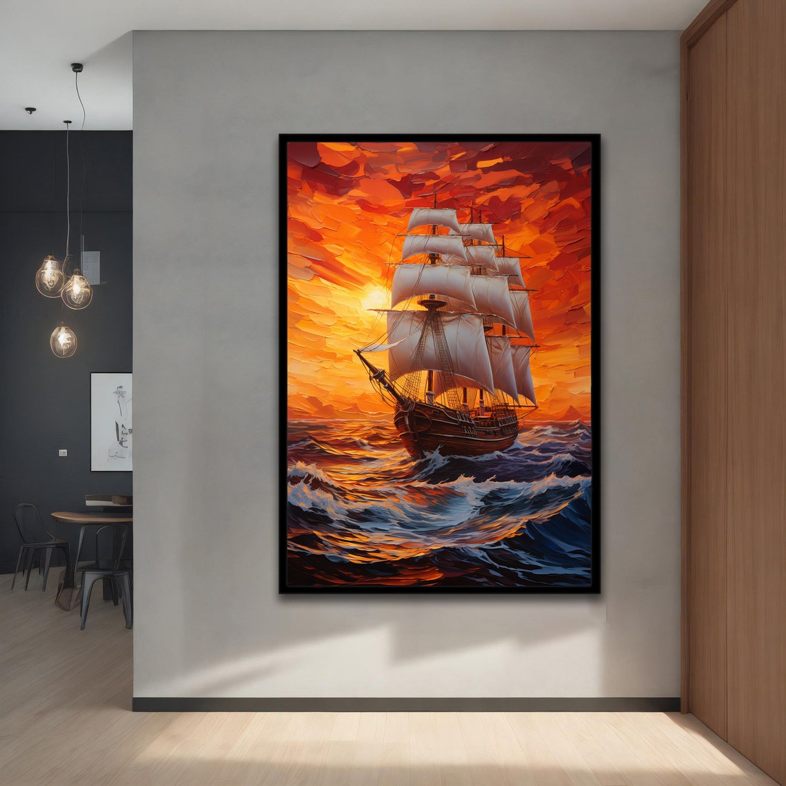 Tall Ship Fiery Red Orange Sunset Crashing Waves Ocean Art Poster - Image 4