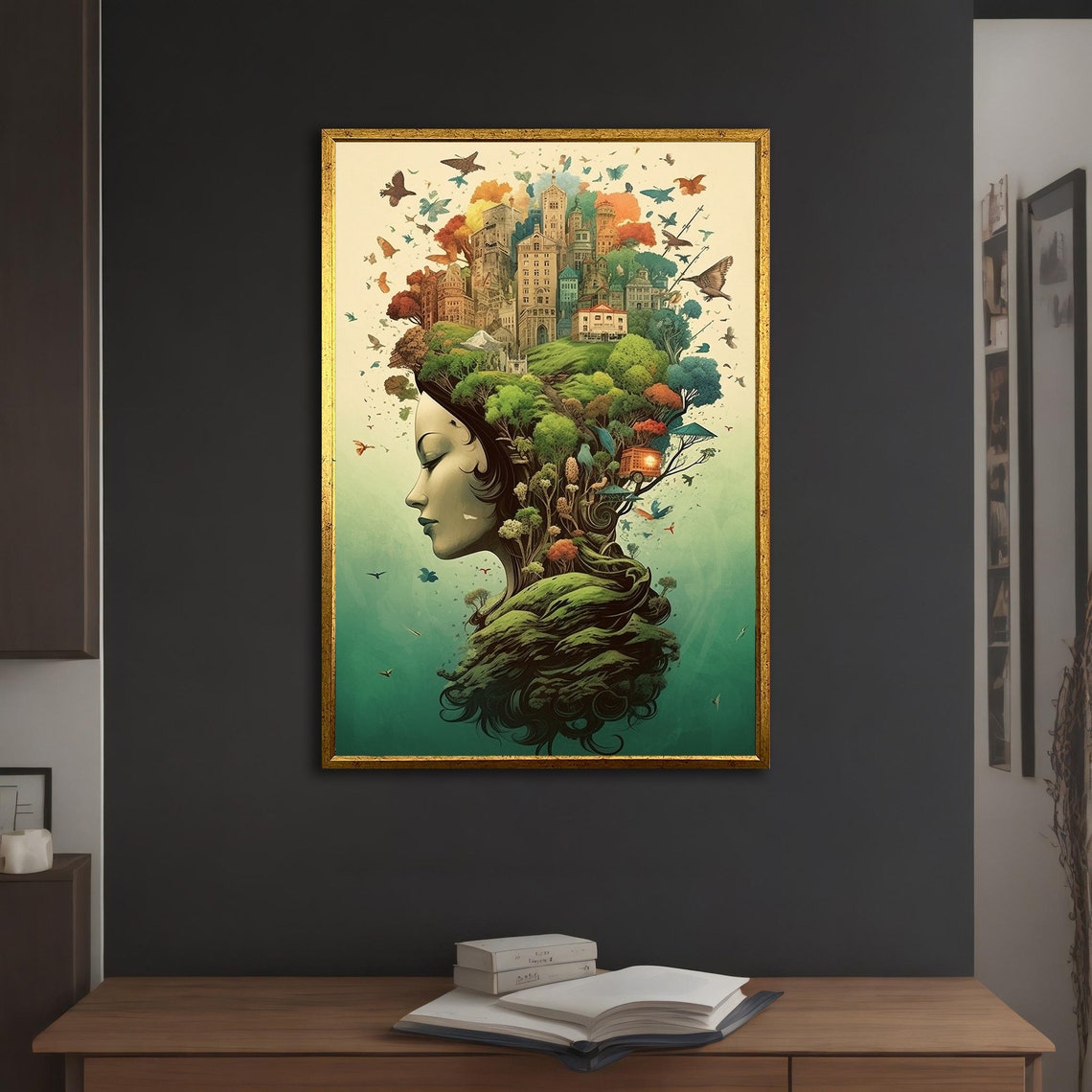 Surreal Woman Profile Cityscape Hair Trees Birds Dream Art Poster - Image 5