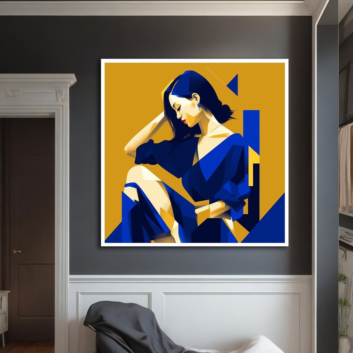 Abstract Geometric Woman Portrait Blue Gold Art Deco Modern Style Wall Art - Image 3