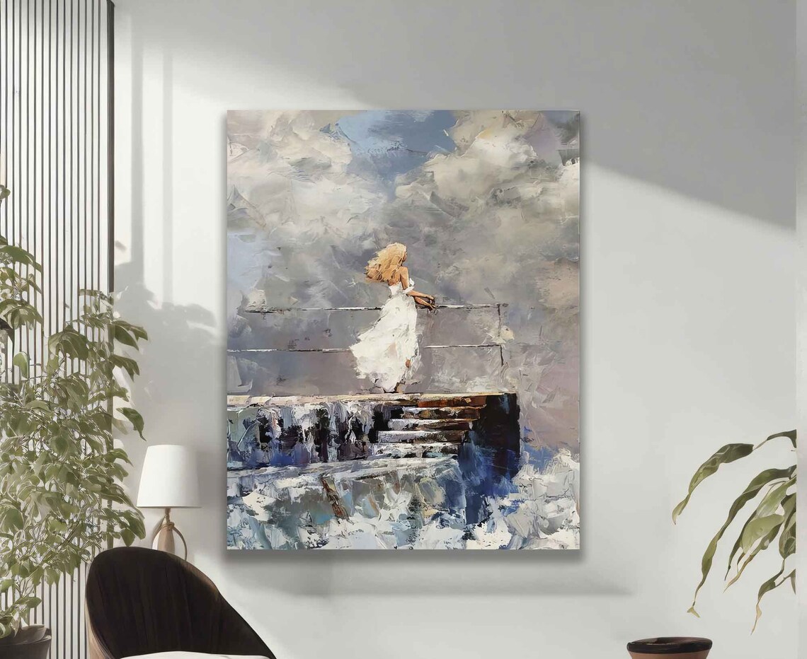 Lonely Woman in White Dress Watching the Sea Moody Pier Art Poster - Image 2