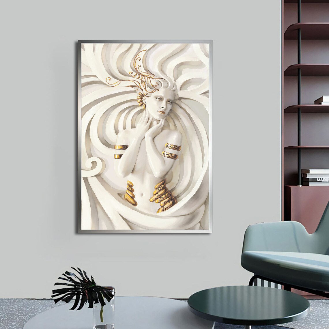 White Marble Goddess Gold Jewelry Elegant Figurative Modern Wall Art Print - Image 3