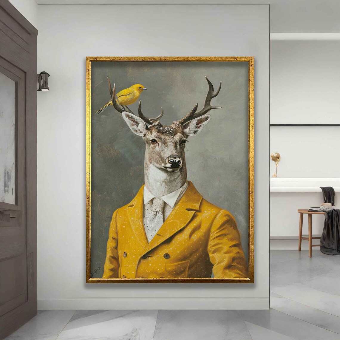 Dapper Stag In Mustard Suit Yellow Bird On Antler Whimsical Portrait Poster - Image 3