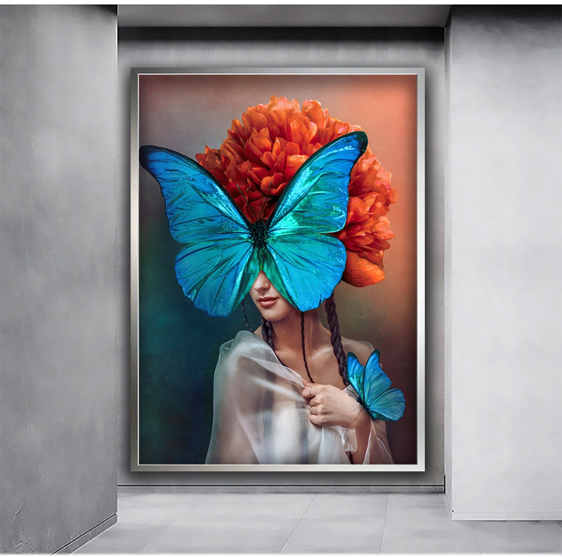 Surreal Woman Blue Butterfly Mask Orange Blossom Dream Portrait Poster