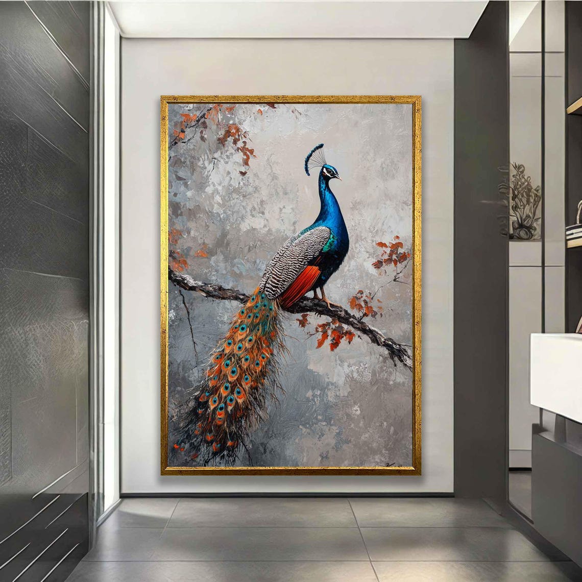 Colorful Peacock Perched On Branch Vibrant Tail Feather Art Poster - Image 5