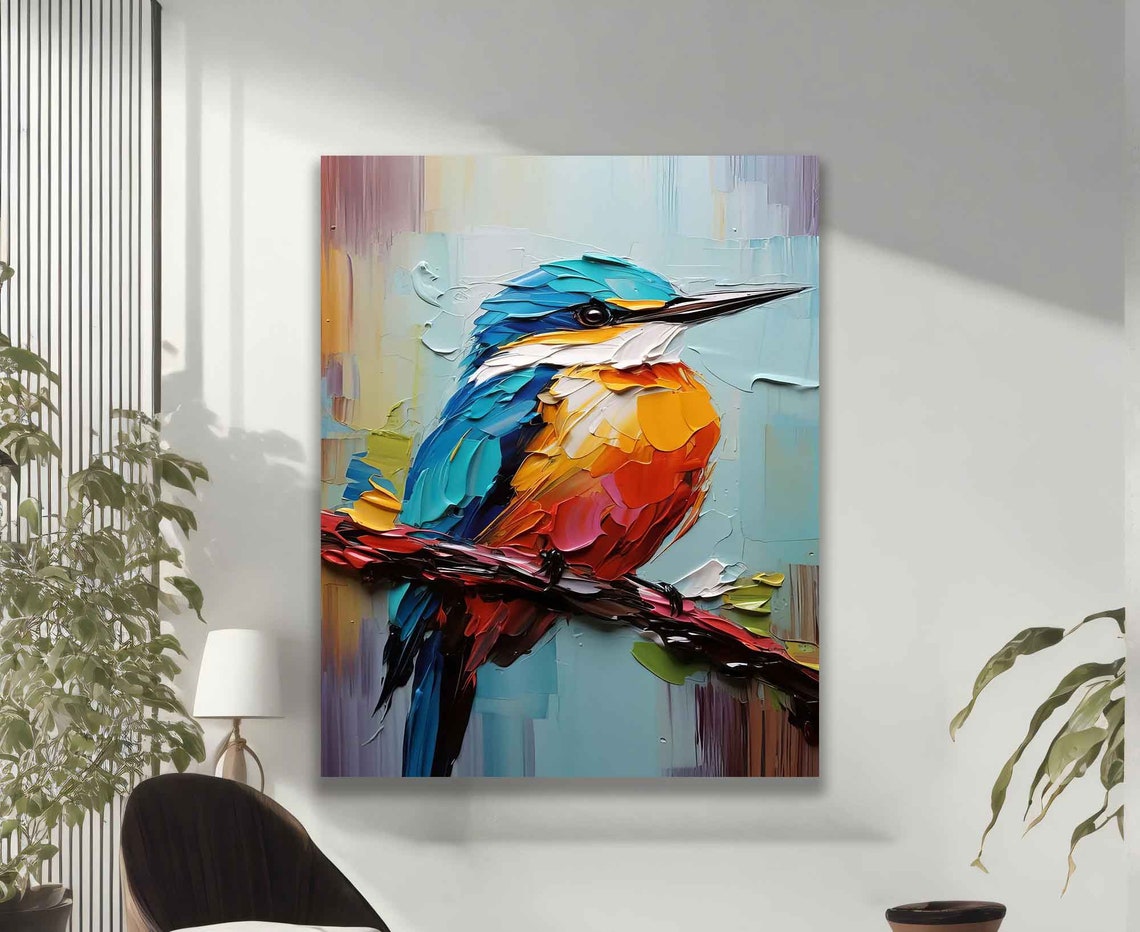 Kingfisher Bird Impasto Paint Blue Orange Branch Art Wall Poster - Image 2