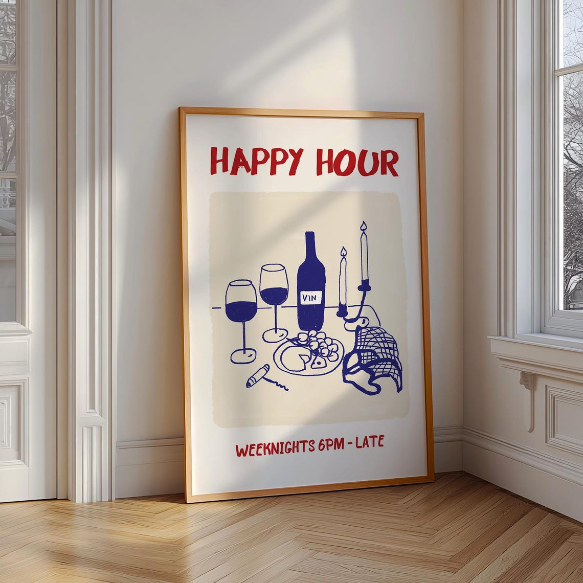 Happy Hour Weeknights 6PM Late Wine Bar Art Poster for Kitchen Decor