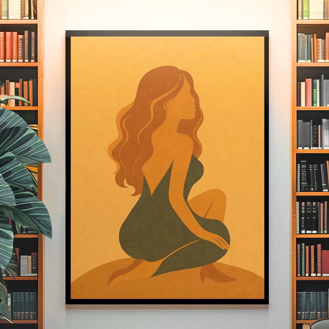 Boho Woman Silhouette Back View Long Hair Mid Century Modern Art Print