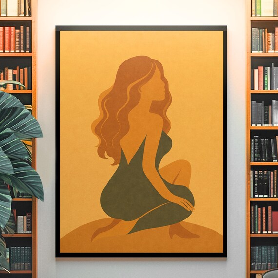 Boho Woman Silhouette Back View Long Hair Mid Century Modern Art Print