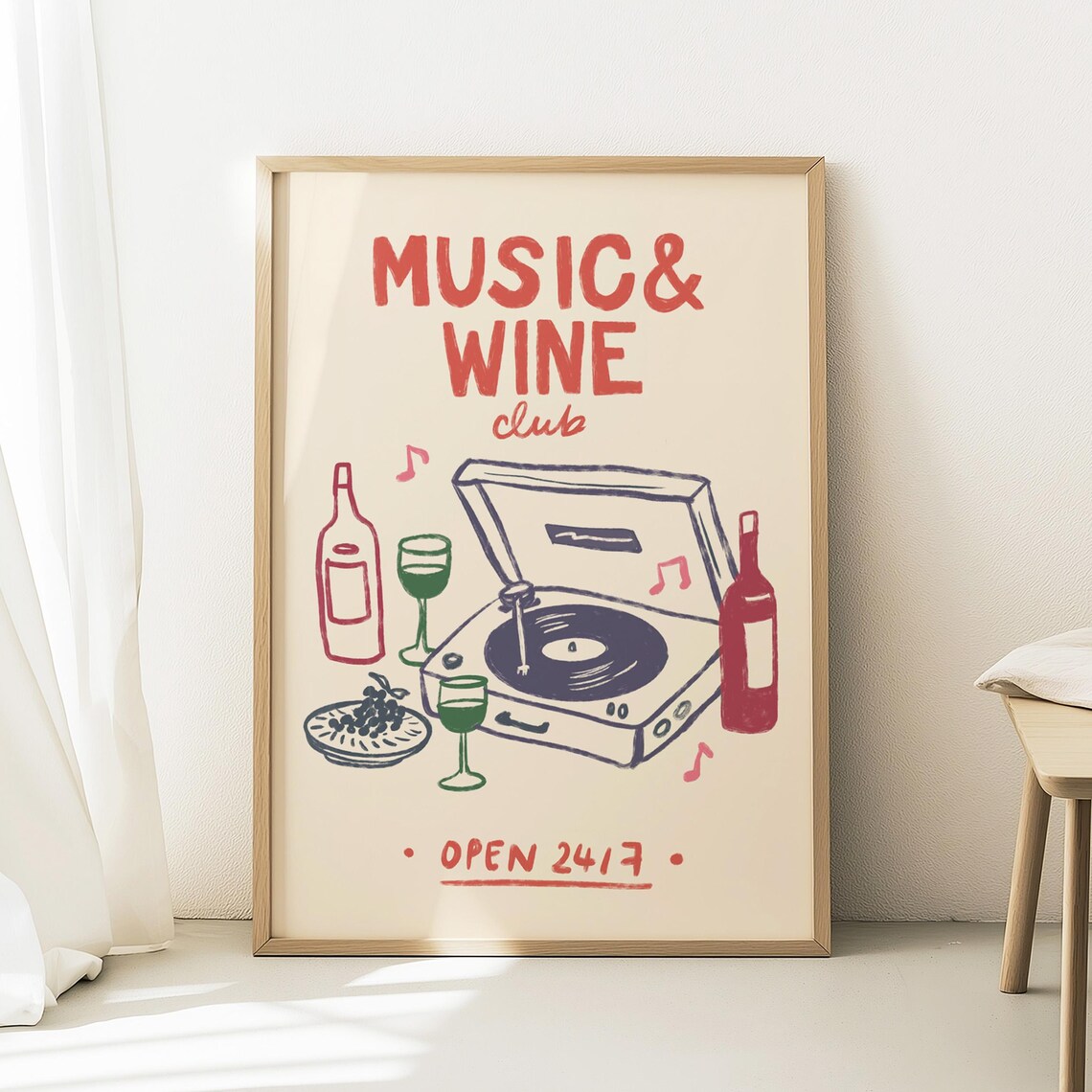 Retro Music Wine Club Poster, Vintage Kitchen Art Print