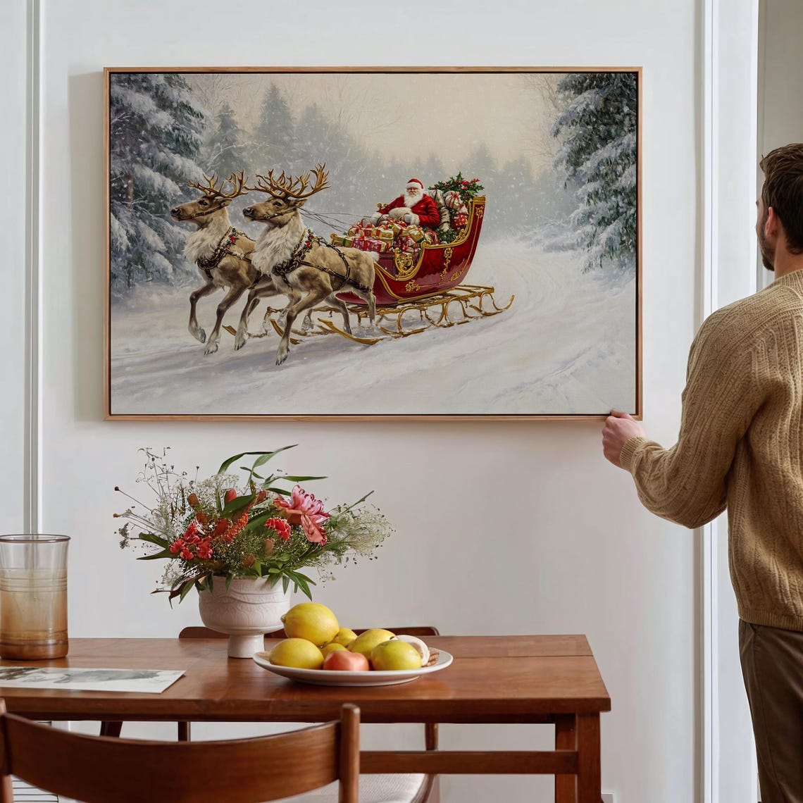 Santa Sleigh Ride Christmas Art Print Festive Holiday Decor Classic Santa And Reindeer Scene Vintage Winter Wonderland Painting - Image 5