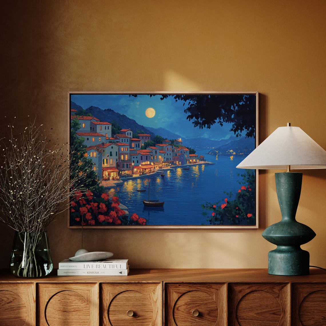 Moonlit Mediterranean Village Coastal Harbor Night Lights Poster - Image 4