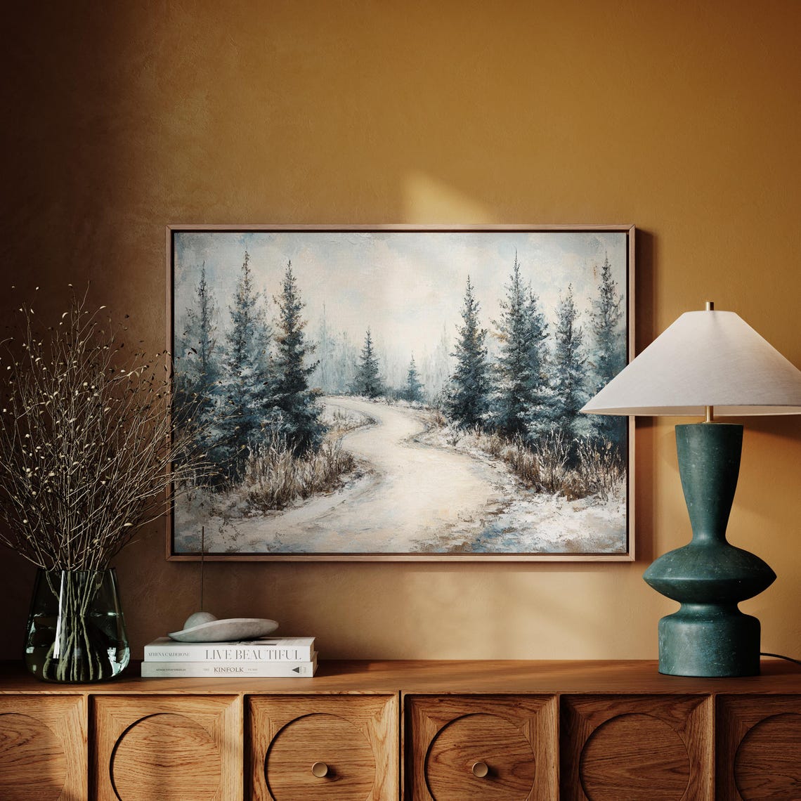 Snowy Path Through Winter Forest Wall Art Print Serene Landscape Painting For Cozy Home Decor - Image 2