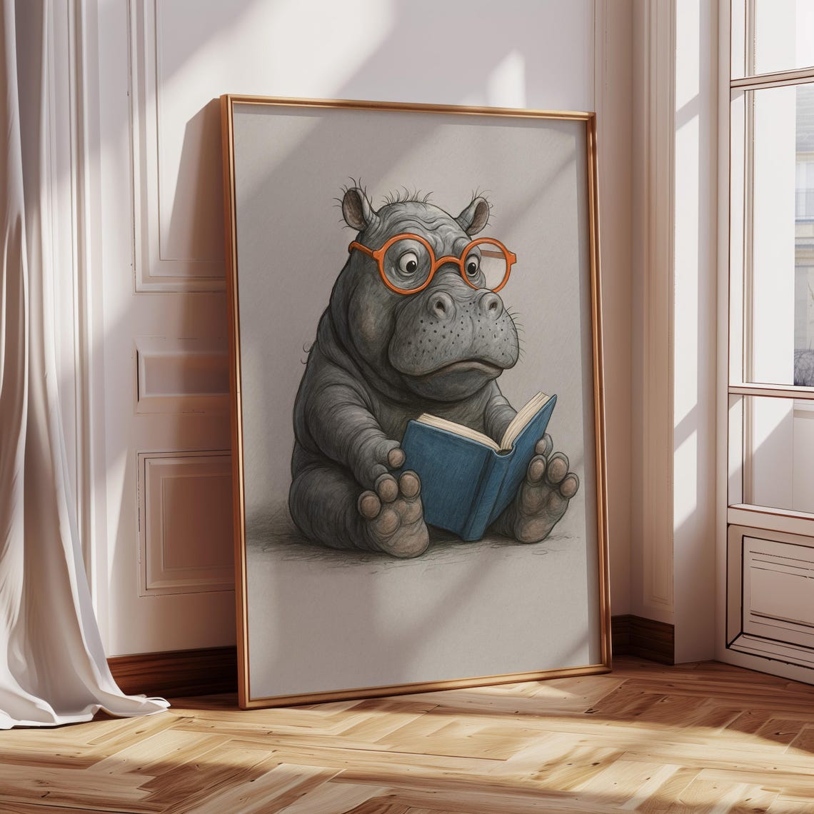 Cute Baby Hippo Reading, Funny Animal Decor - Image 2