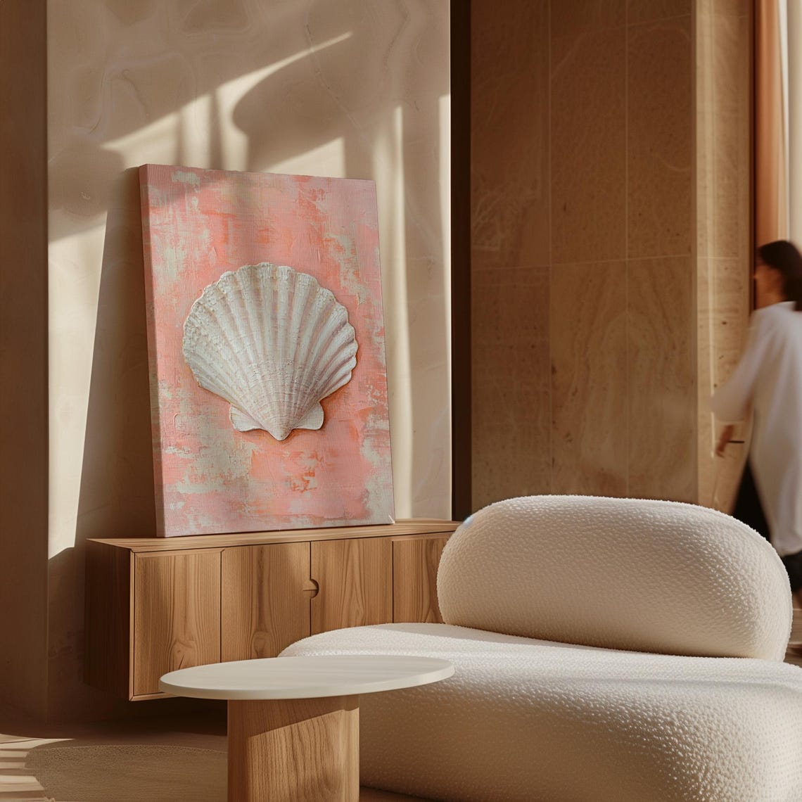 Textured White Scallop Shell Coral Pink Impasto Coastal Art Poster - Image 4