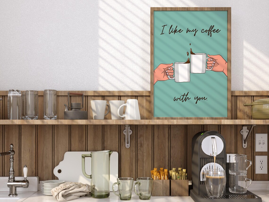 I Like My Coffee With You Romantic Teal Couple Coffee Quote Poster Art