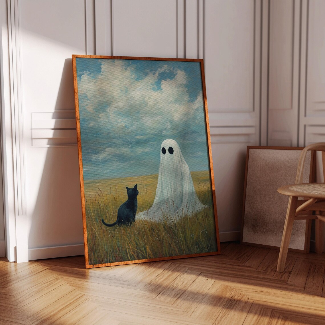Ghost And Black Cat In Field, Spooky Autumn Landscape - Image 3